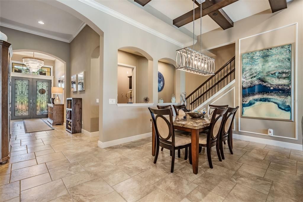 Chandelier, Dining room, Interior, Pendant Lights, Recessed Lighting, Wooden Beams