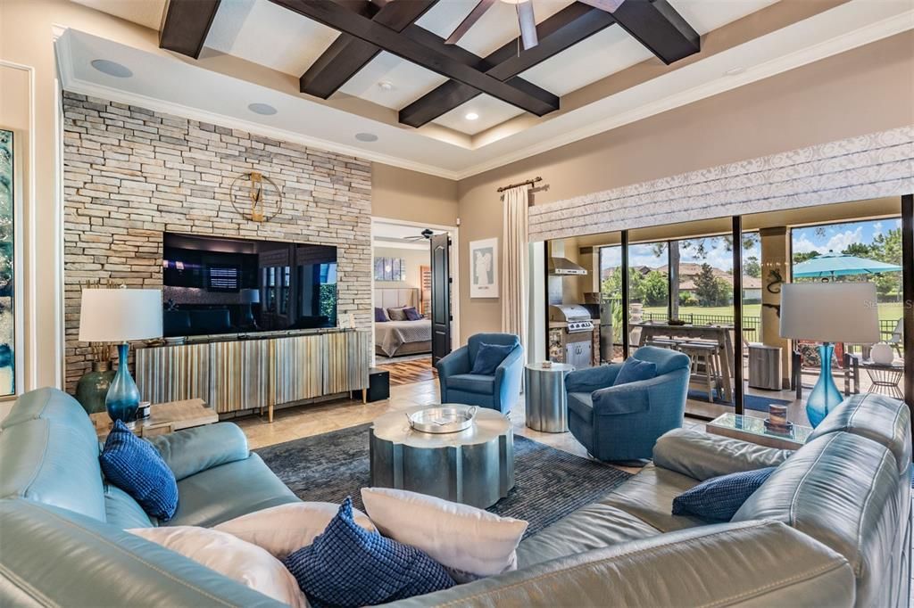 Interior, Living room, Recessed Lighting, Stone Walls, Wooden Beams