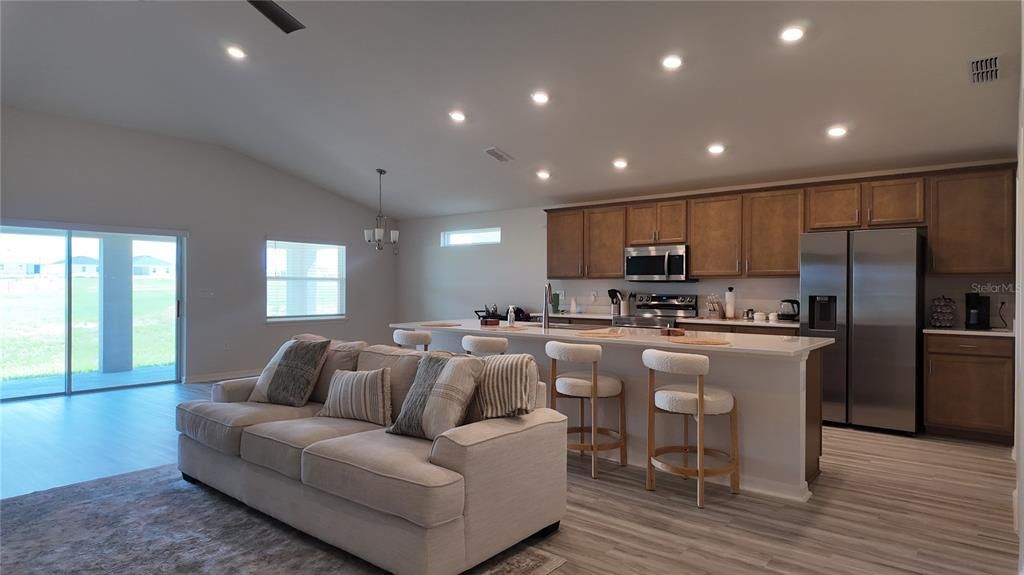 Interior, Kitchen, Living room, Pendant Lights, Recessed Lighting, Stainless Steel Appliances, Wood Texture Flooring