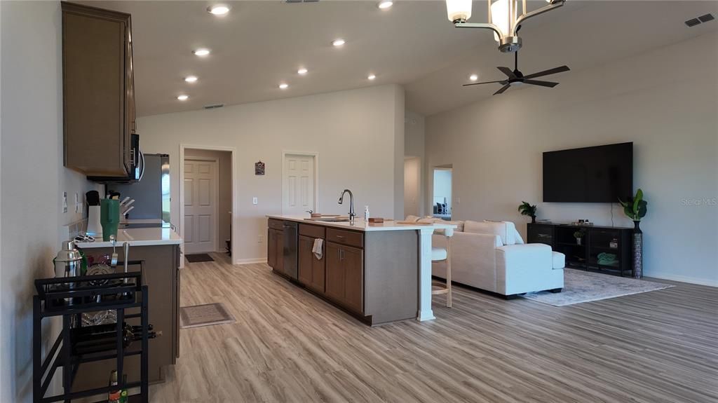 Interior, Kitchen, Living room, Recessed Lighting, Wood Texture Flooring