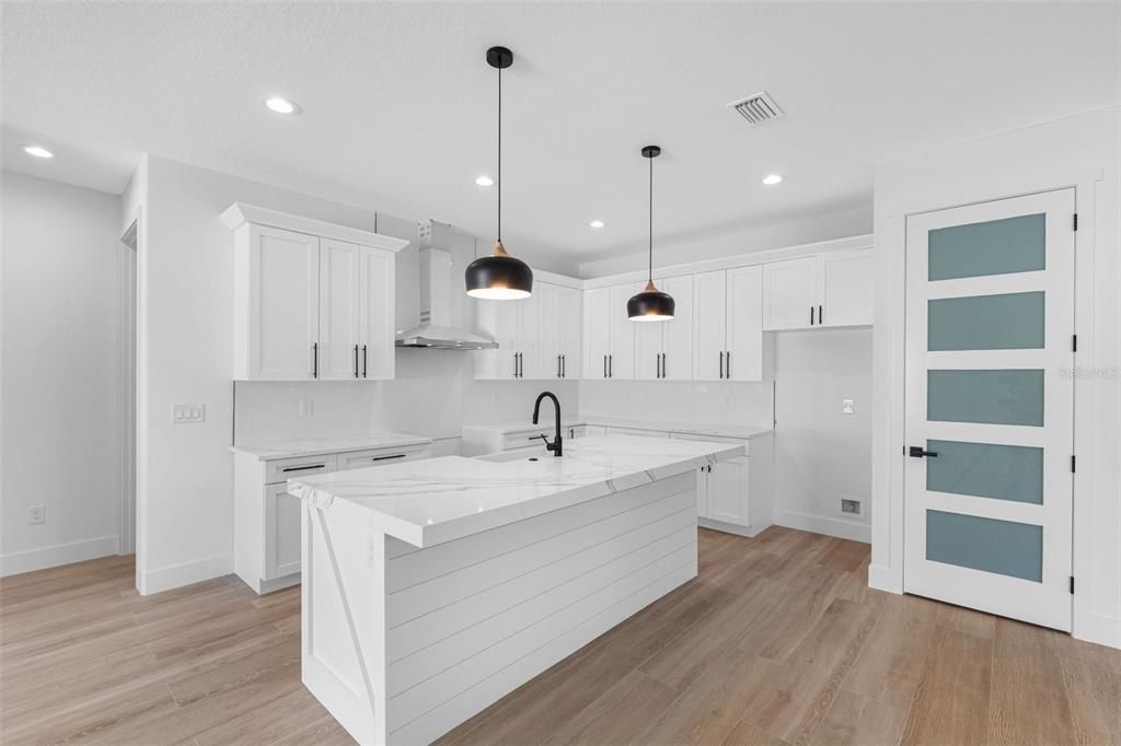 Interior, Kitchen, Pendant Lights, Recessed Lighting, Wood Texture Flooring