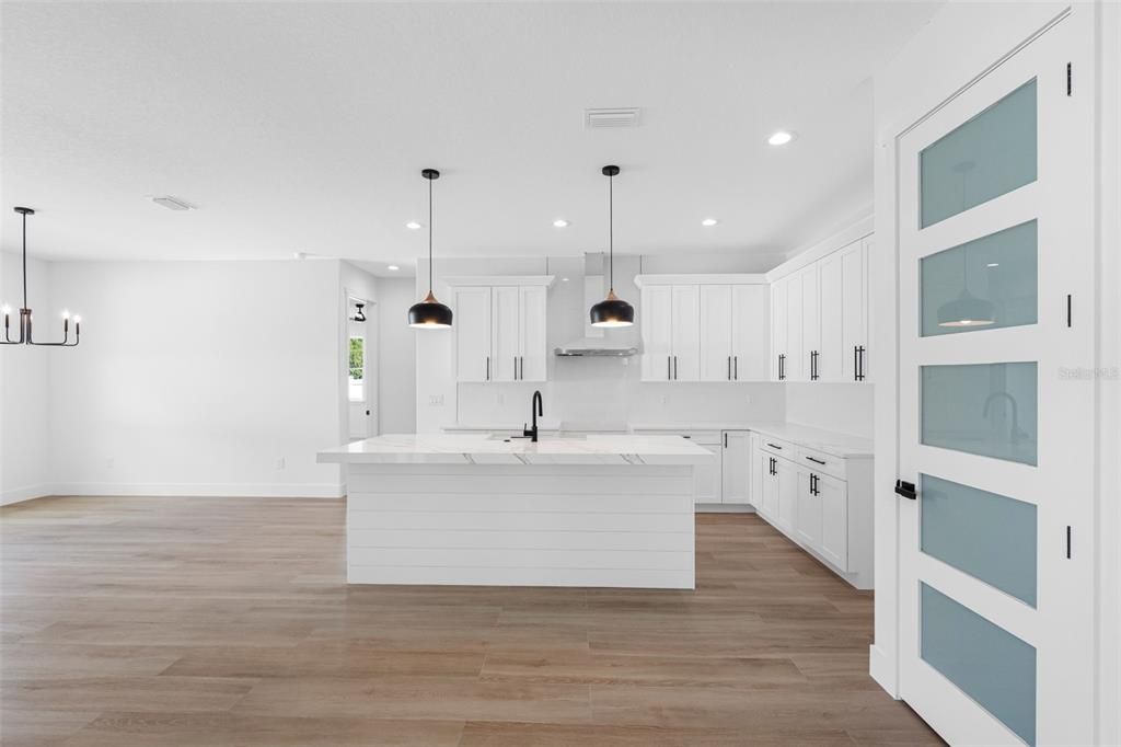 Interior, Kitchen, Pendant Lights, Recessed Lighting, Wood Texture Flooring