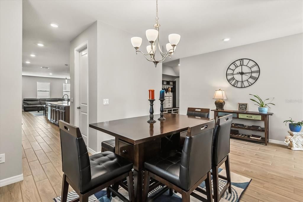 Chandelier, Dining room, Interior, Recessed Lighting, Wood Texture Flooring