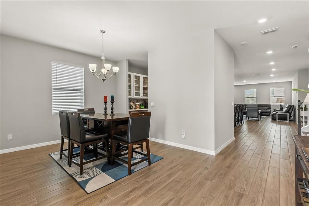 Chandelier, Dining room, Interior, Recessed Lighting, Wood Texture Flooring