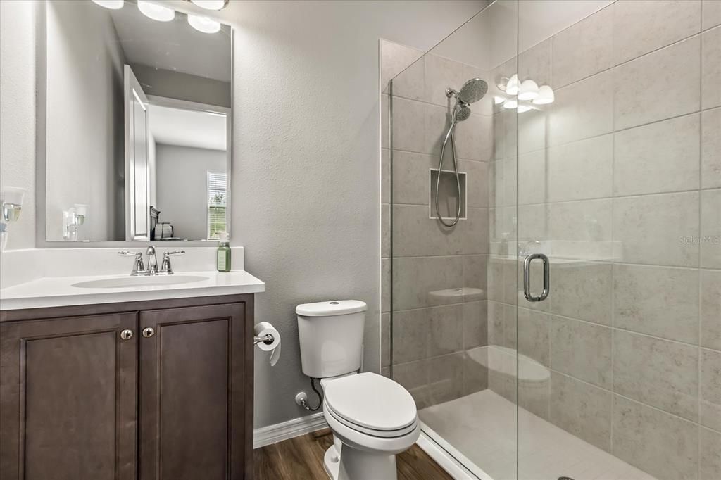 Bathroom, Glass Shower, Interior, Wood Texture Flooring