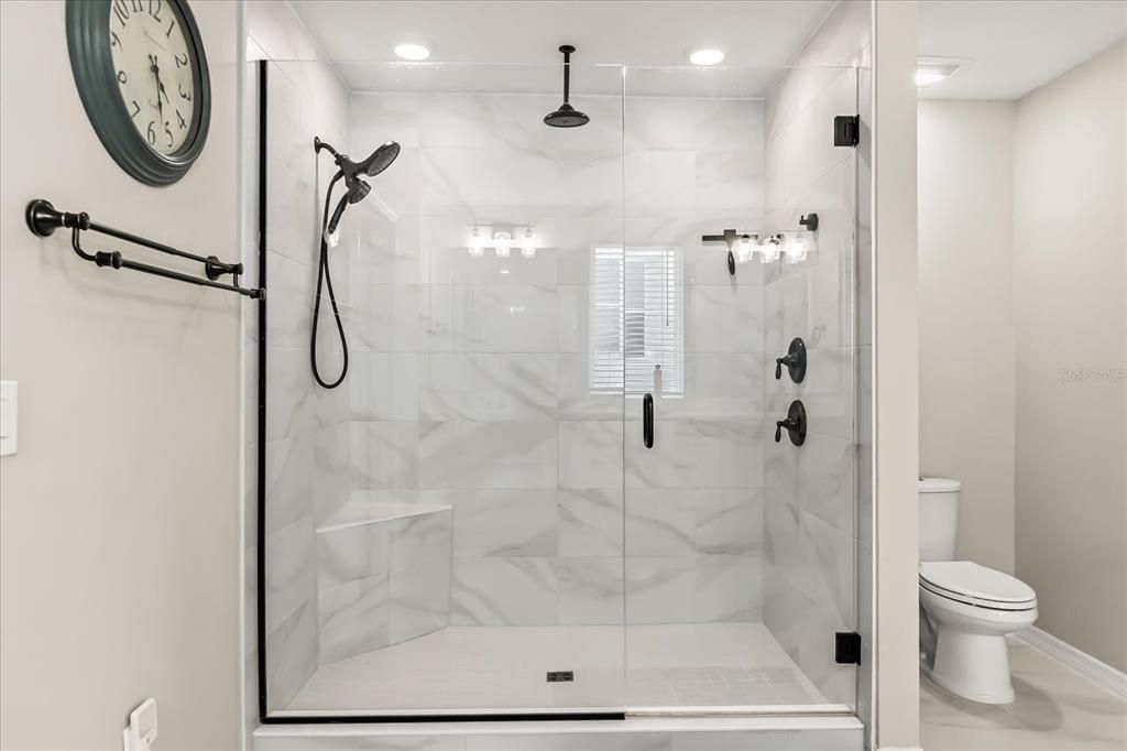 Bathroom, Glass Shower, Interior, Marble Walls, Recessed Lighting