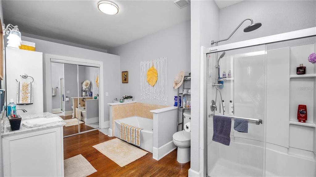 Bathroom, Glass Shower, Interior, Wood Texture Flooring