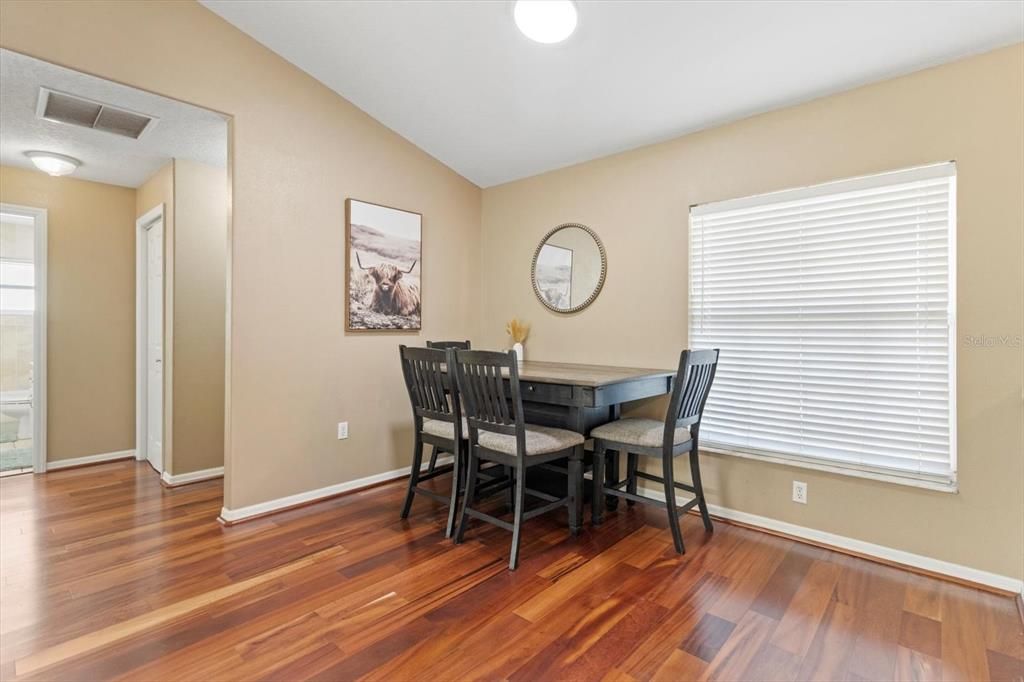 Dining room, Interior, Recessed Lighting, Wood Texture Flooring