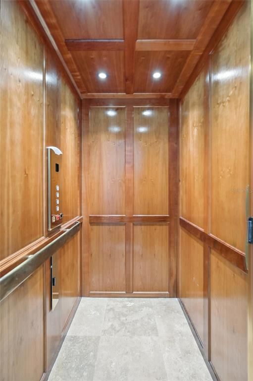 Elevator, Interior, Recessed Lighting, Wooden Ceilings, Wooden Walls
