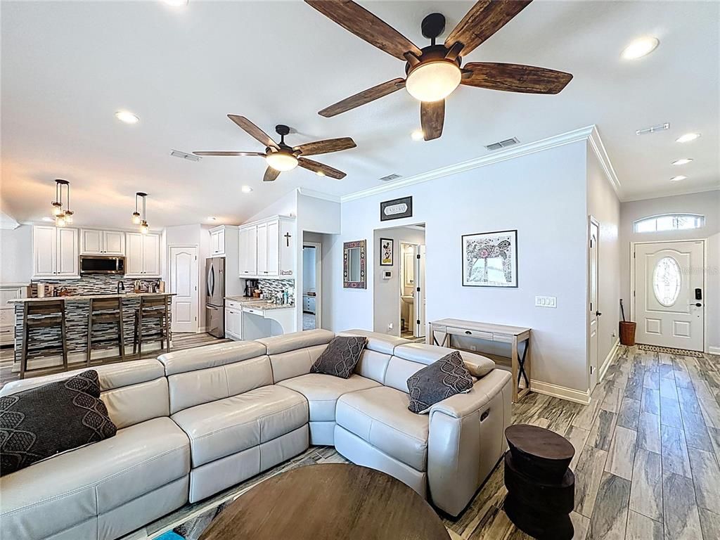 Interior, Kitchen, Living room, Recessed Lighting, Stainless Steel Appliances, Wood Texture Flooring