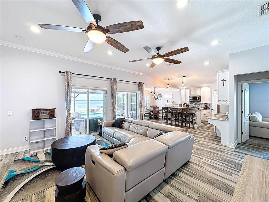 Dining room, Interior, Kitchen, Living room, Pendant Lights, Recessed Lighting, Water, Wood Texture Flooring