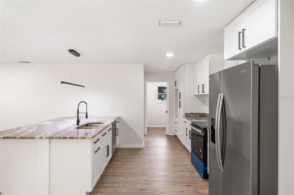 Interior, Kitchen, Pendant Lights, Recessed Lighting, Wood Texture Flooring