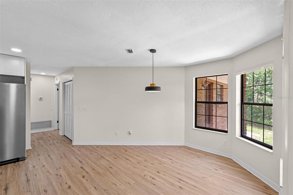 Empty room, Interior, Pendant Lights, Recessed Lighting, Wood Texture Flooring