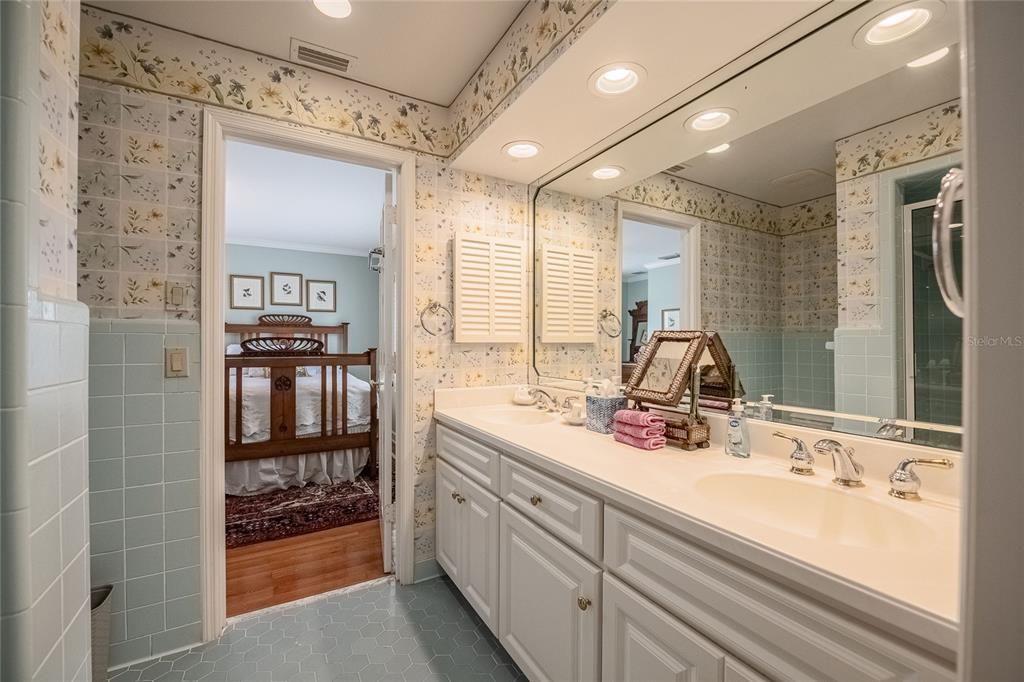 Bathroom, Dual Sink Vanities, Interior, Recessed Lighting, Wood Texture Flooring