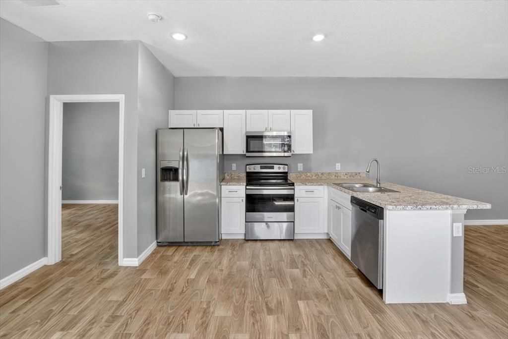Interior, Kitchen, Recessed Lighting, Stainless Steel Appliances, Wood Texture Flooring
