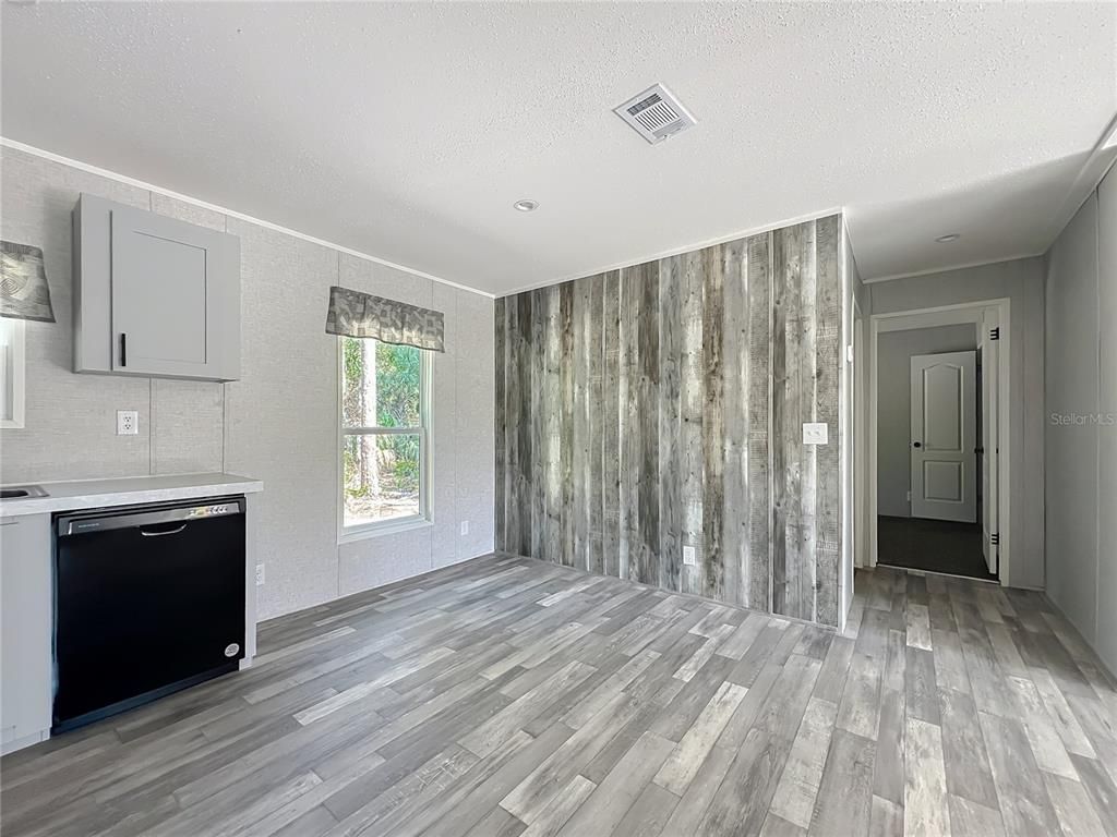 Empty room, Interior, Kitchen, Recessed Lighting, Wood Texture Flooring