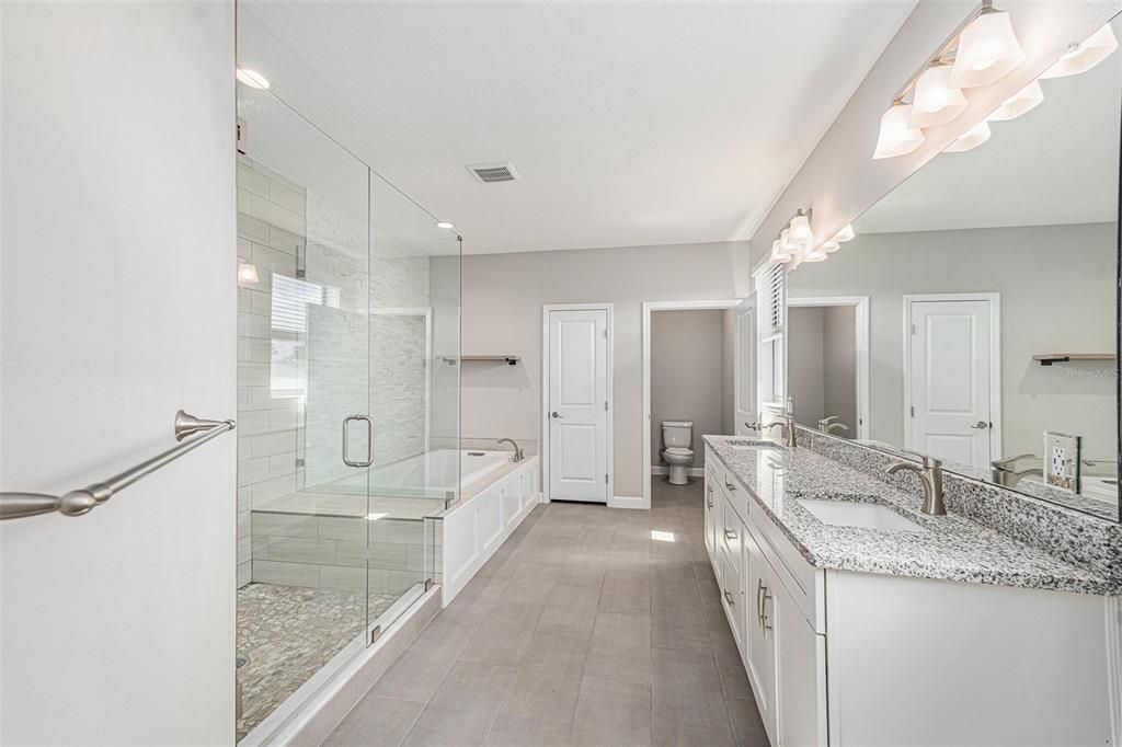 Bathroom, Dual Sink Vanities, Glass Shower, Interior, Recessed Lighting