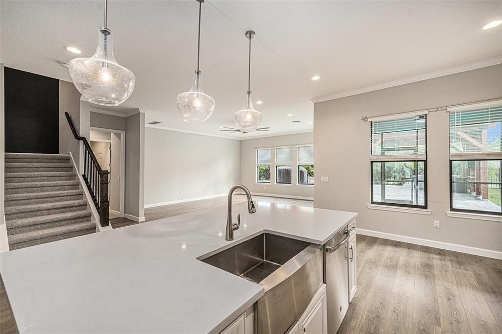 Interior, Kitchen, Pendant Lights, Recessed Lighting, Wood Texture Flooring