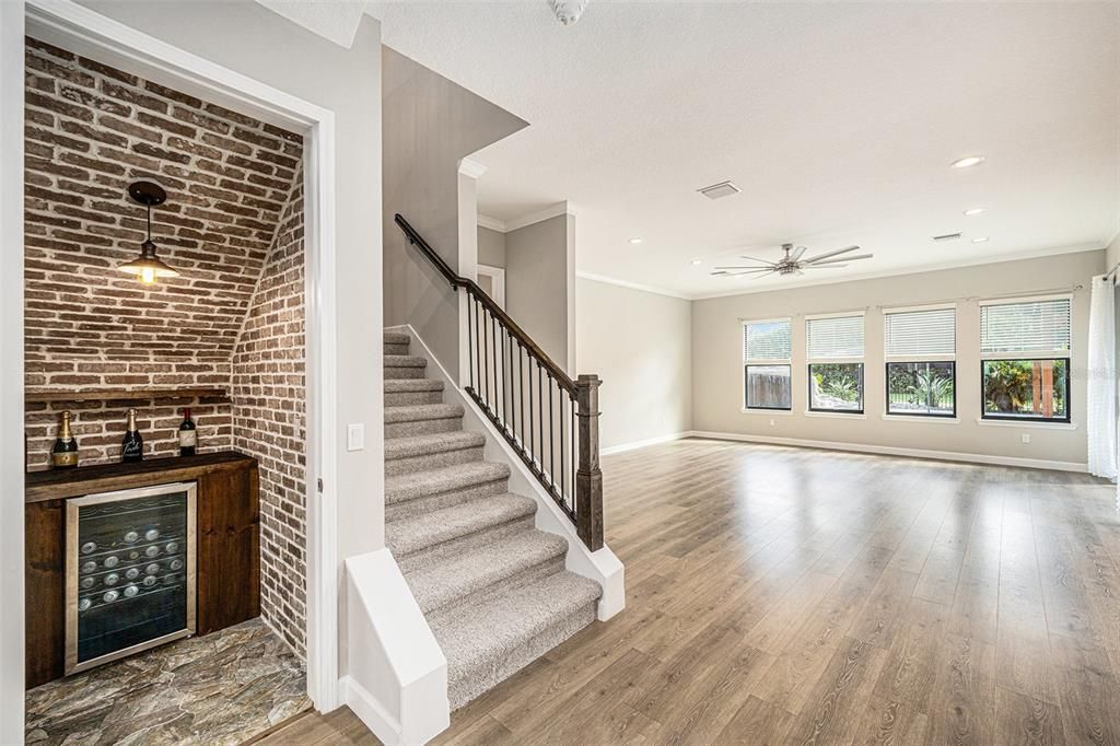 Interior, Recessed Lighting, Stone Walls, Wood Texture Flooring