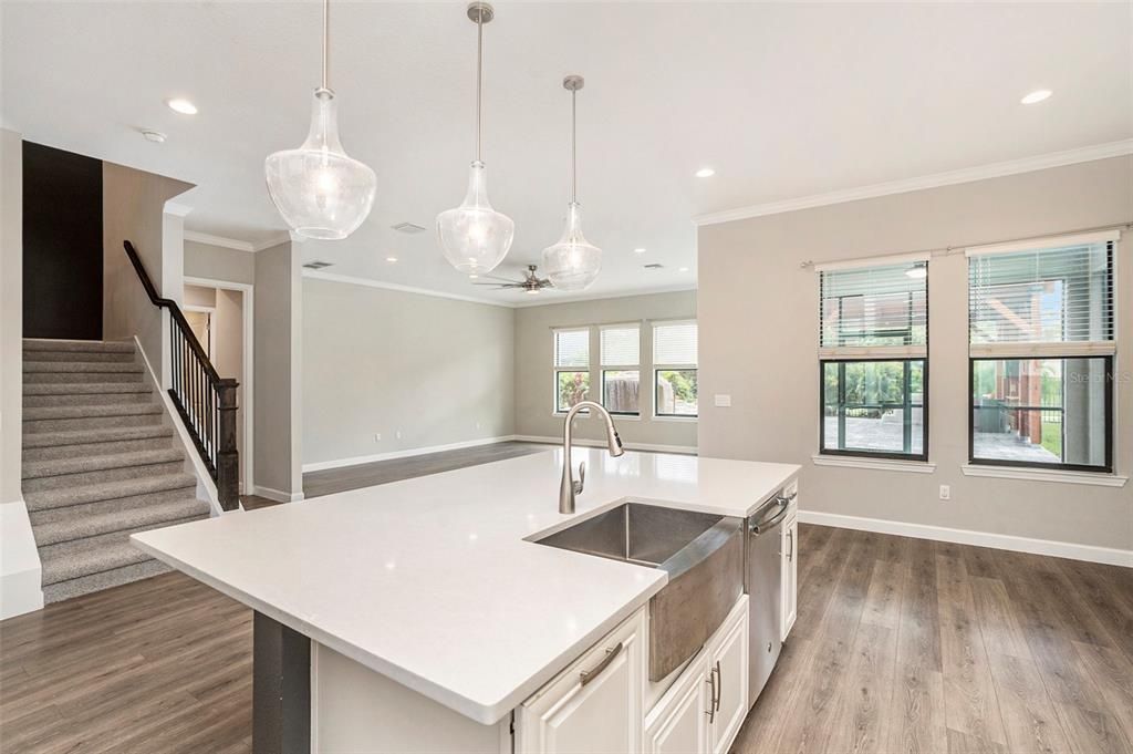 Interior, Kitchen, Pendant Lights, Recessed Lighting, Wood Texture Flooring