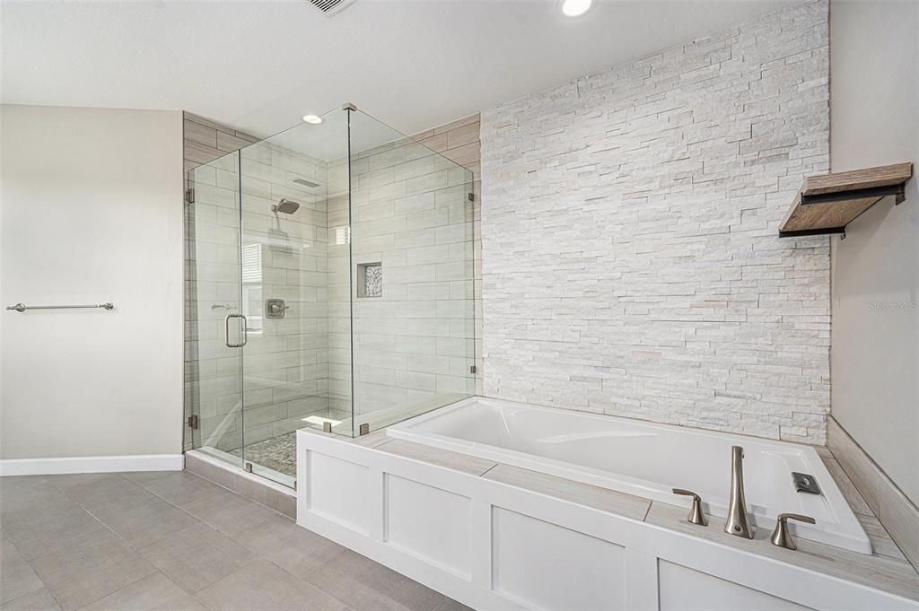 Bathroom, Glass Shower, Interior, Recessed Lighting, Stone Walls