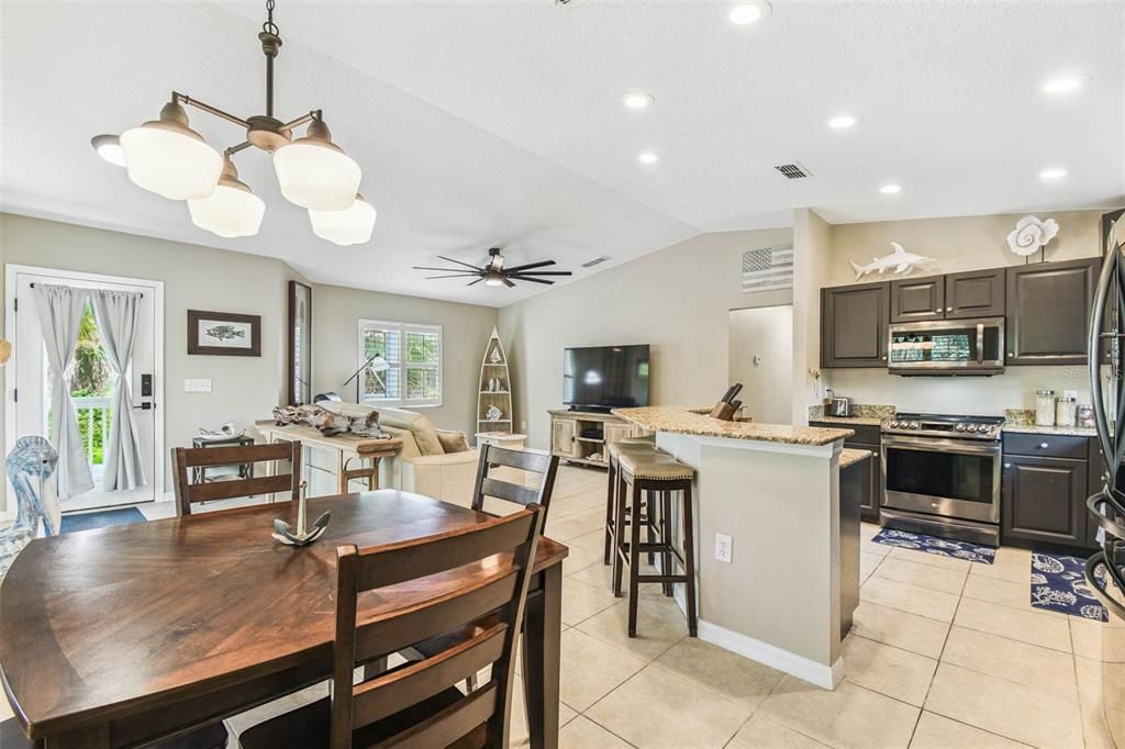 Dining room, Interior, Kitchen, Living room, Recessed Lighting, Stainless Steel Appliances