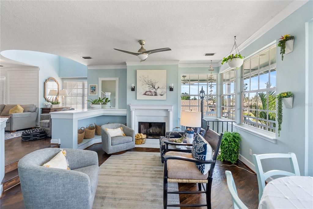 Fireplace, Interior, Living room, Pendant Lights, Wood Texture Flooring