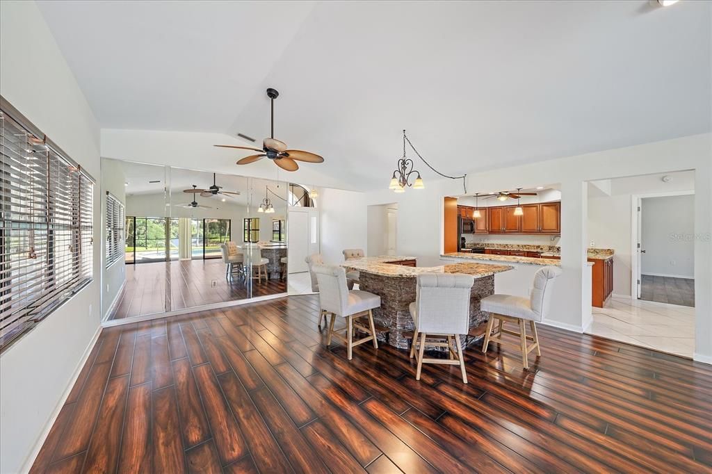Dining room, Interior, Kitchen, Pendant Lights, Wood Texture Flooring