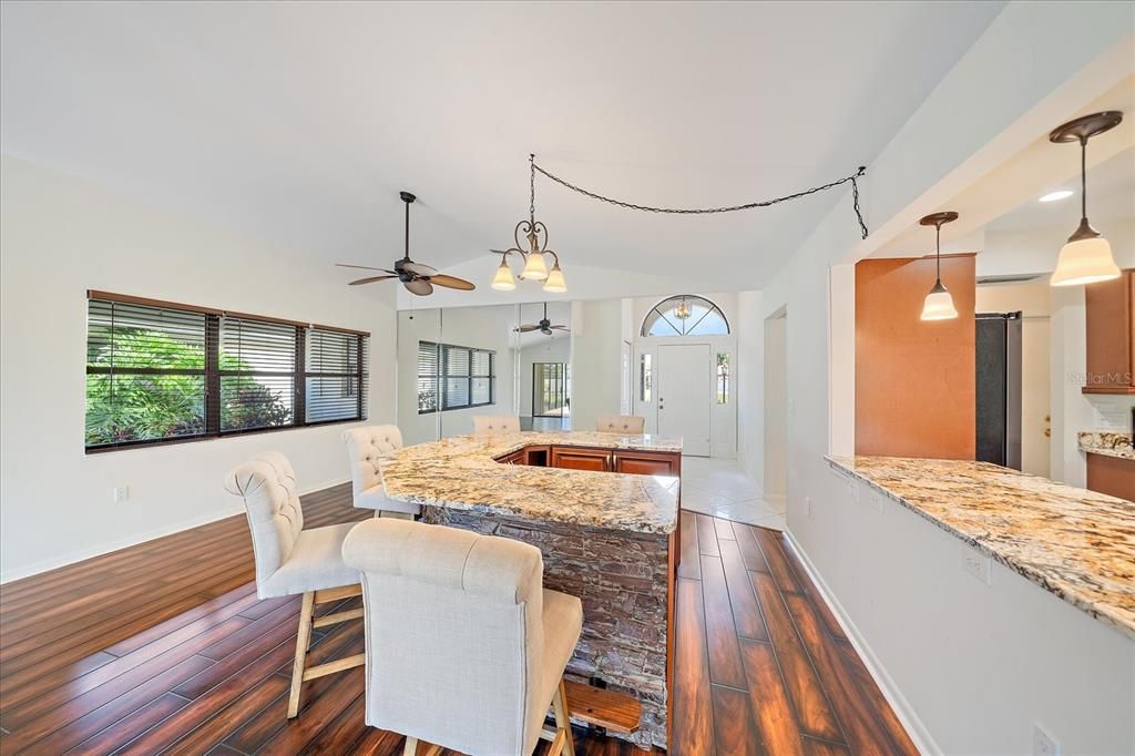 Dining room, Interior, Kitchen, Pendant Lights, Wood Texture Flooring