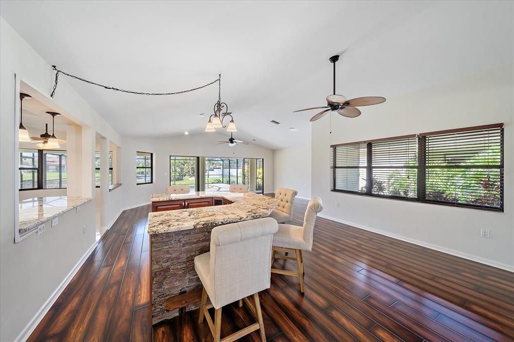 Dining room, Interior, Pendant Lights, Recessed Lighting, Wood Texture Flooring