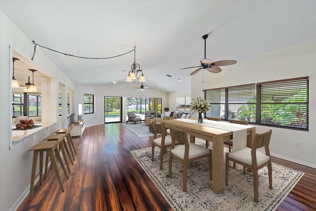 Dining room, Interior, Living room, Pendant Lights, Recessed Lighting, Wood Texture Flooring