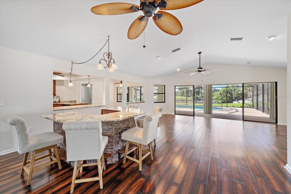 Dining room, Interior, Pendant Lights, Recessed Lighting, Wood Texture Flooring