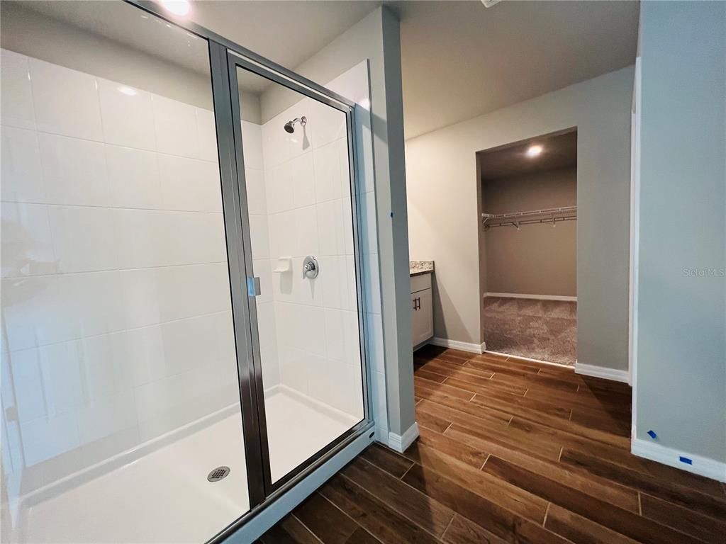Bathroom, Glass Shower, Interior, Recessed Lighting, Wood Texture Flooring