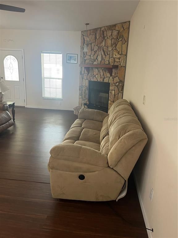 Fireplace, Interior, Living room, Stone Walls, Wood Texture Flooring