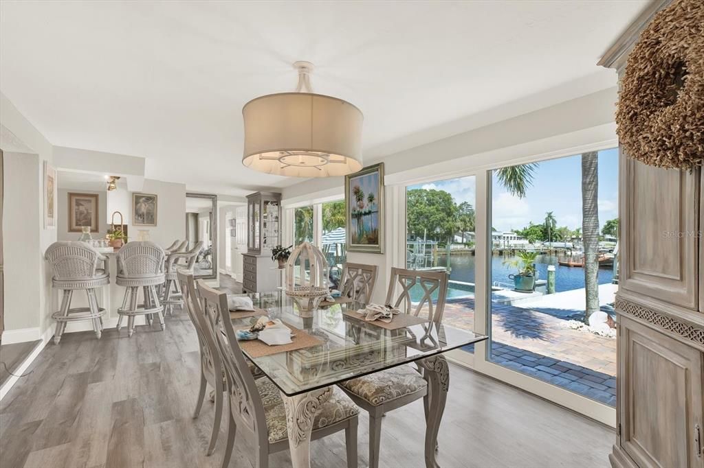 Dining room, Interior, Pendant Lights, Water, Wood Texture Flooring