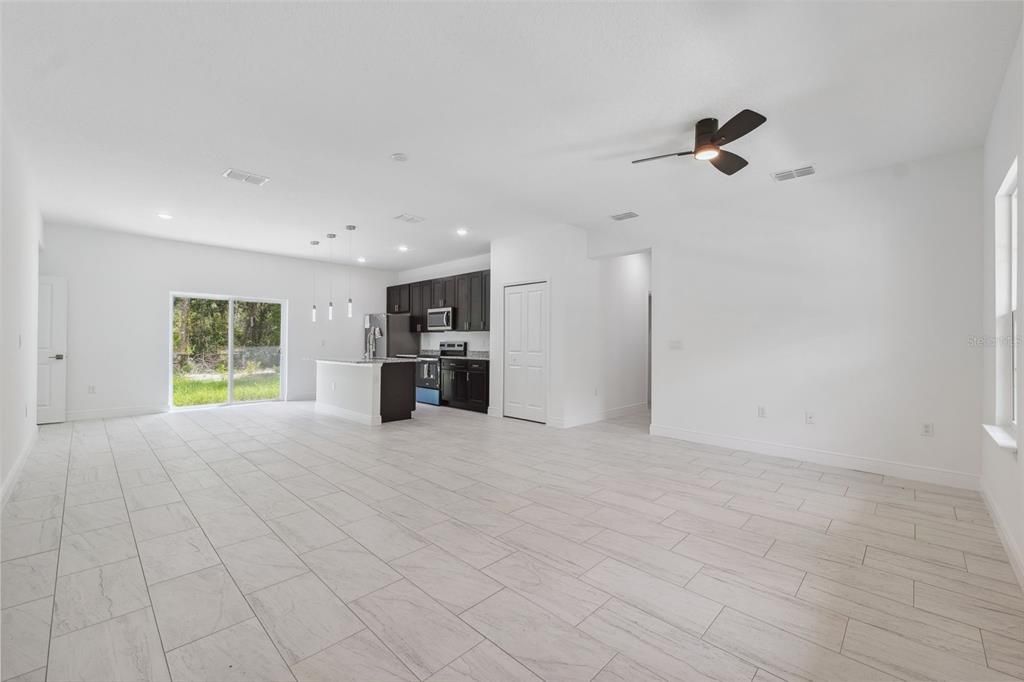 Empty room, Interior, Kitchen, Pendant Lights, Recessed Lighting, Stainless Steel Appliances