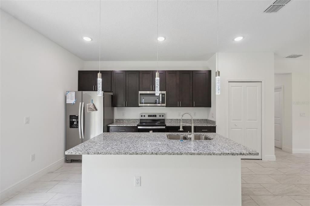 Interior, Kitchen, Marble, Pendant Lights, Recessed Lighting, Stainless Steel Appliances