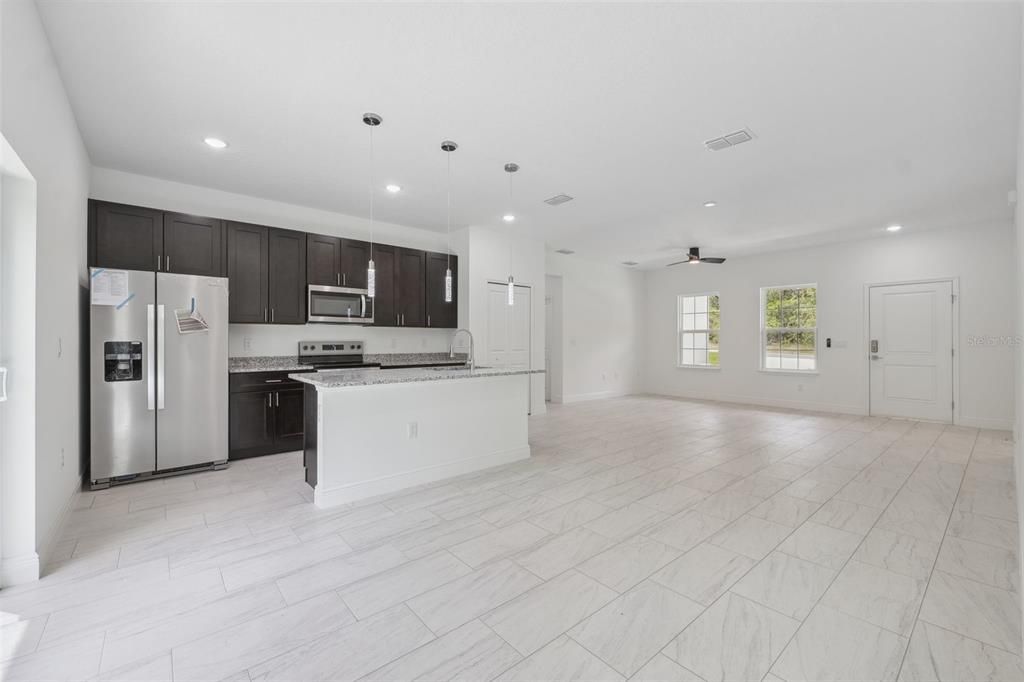 Interior, Kitchen, Marble, Pendant Lights, Recessed Lighting, Stainless Steel Appliances