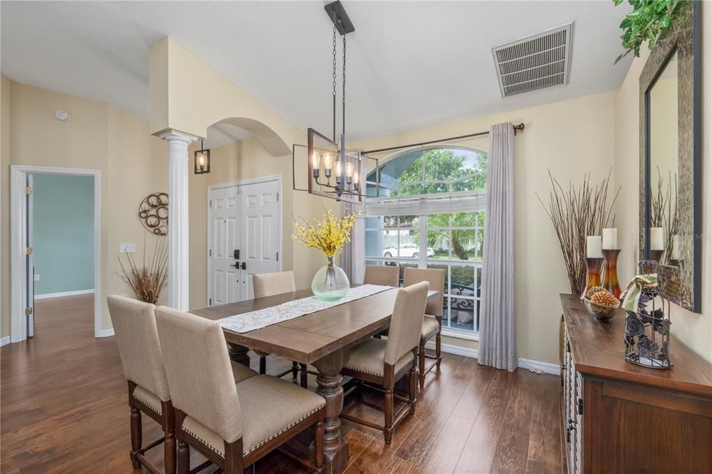 Chandelier, Dining room, Interior, Pendant Lights, Wood Texture Flooring