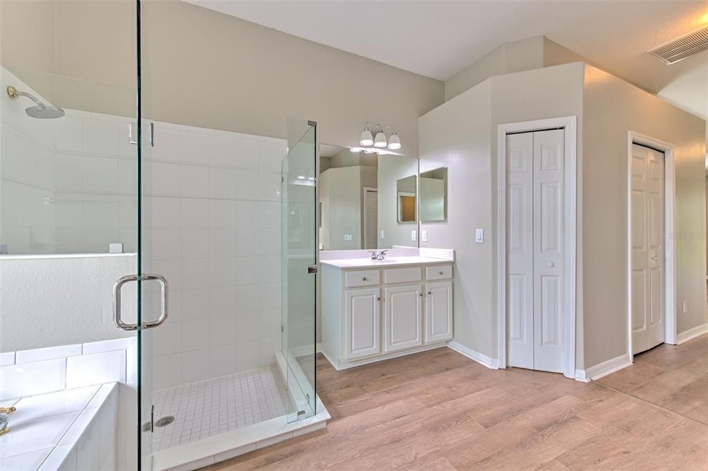Bathroom, Glass Shower, Interior, Wood Texture Flooring