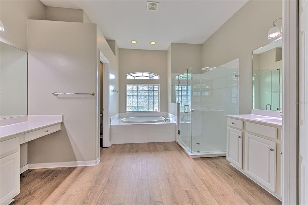 Bathroom, Glass Shower, Interior, Recessed Lighting, Wood Texture Flooring