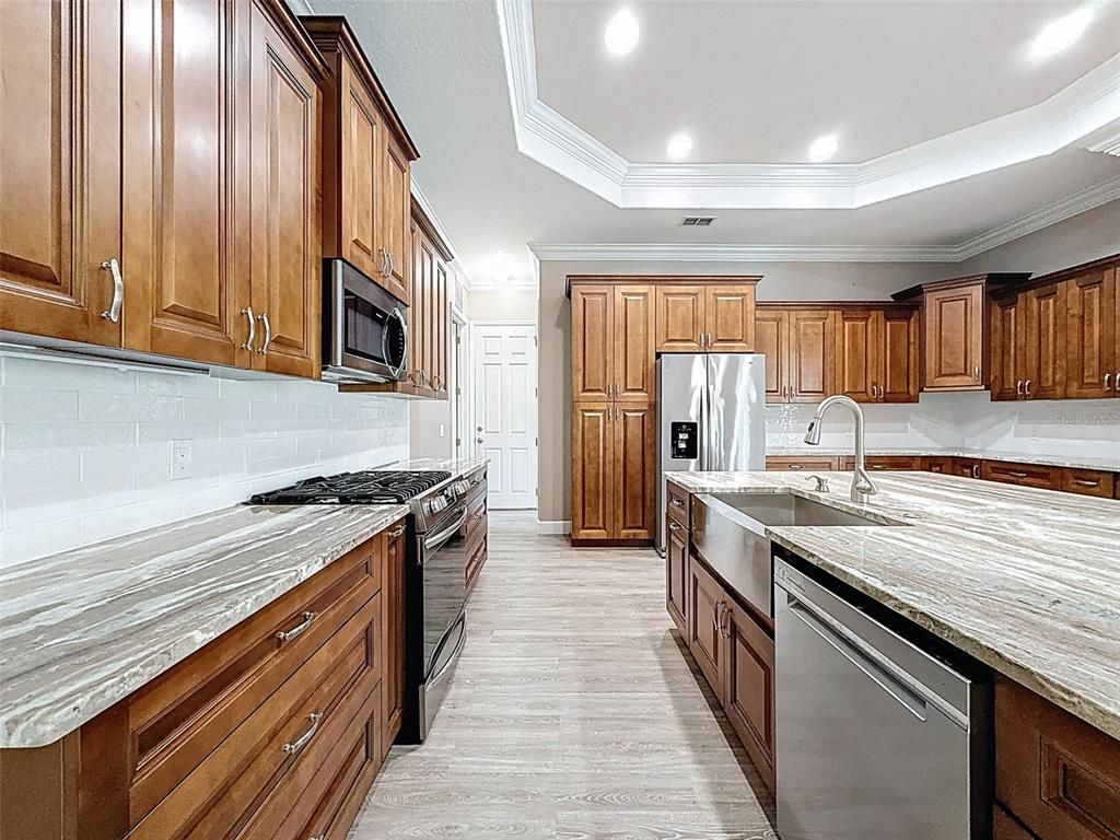 Interior, Kitchen, Recessed Lighting, Stainless Steel Appliances, Wood Texture Flooring