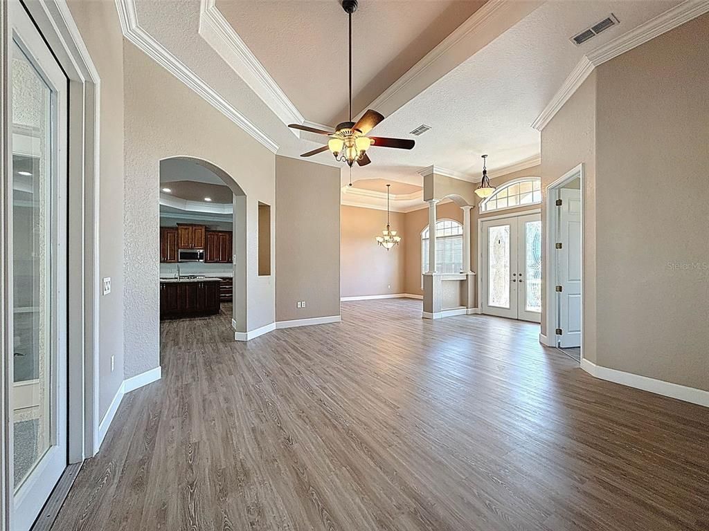 Chandelier, Empty room, Interior, Recessed Lighting, Wood Texture Flooring