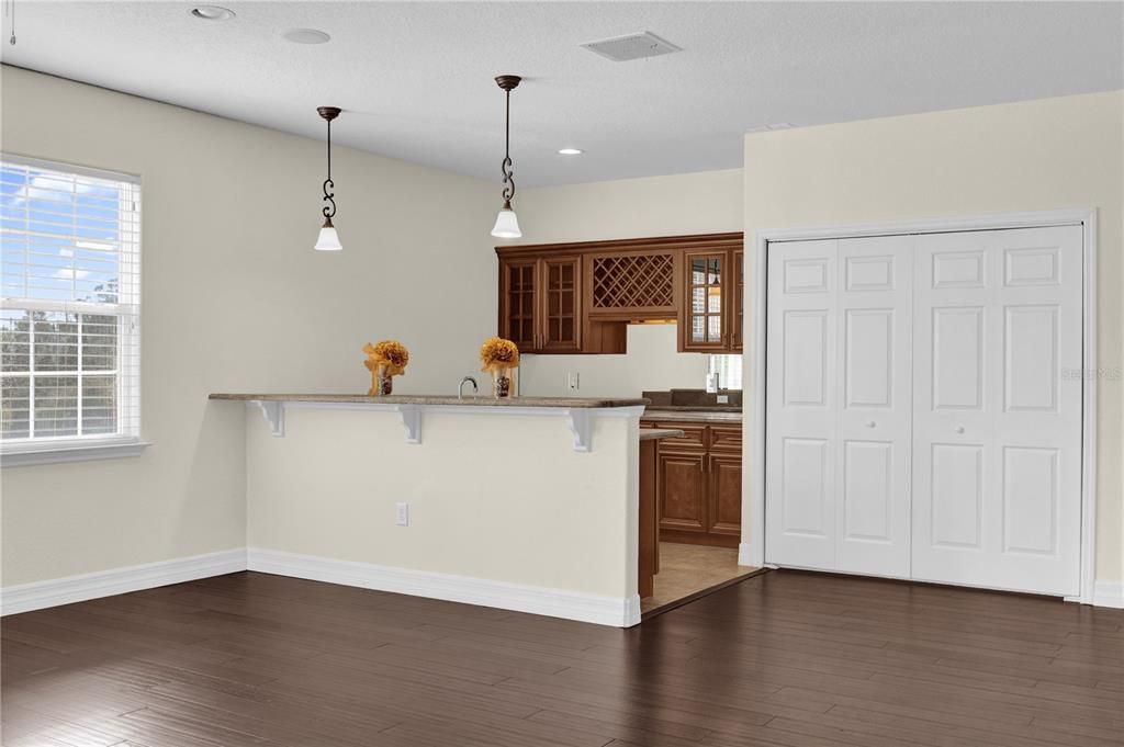 Interior, Kitchen, Pendant Lights, Recessed Lighting, Wood Texture Flooring