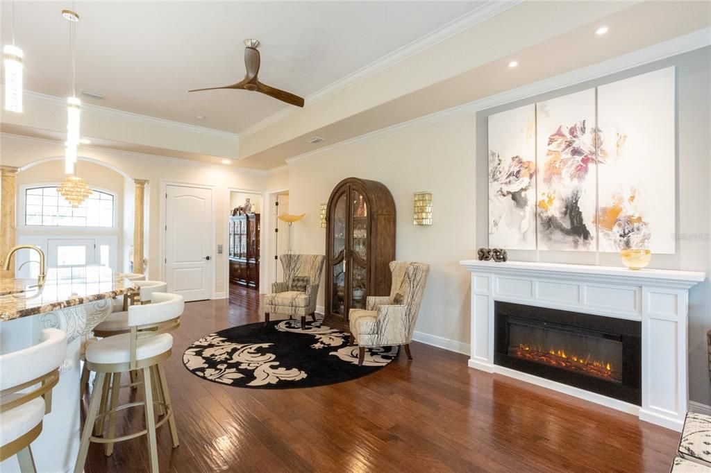 Chandelier, Fireplace, Interior, Pendant Lights, Recessed Lighting, Wood Texture Flooring