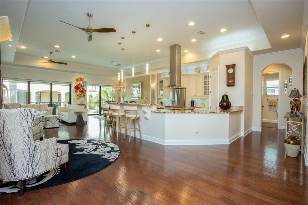 Dining room, Interior, Kitchen, Living room, Pendant Lights, Recessed Lighting, Wood Texture Flooring