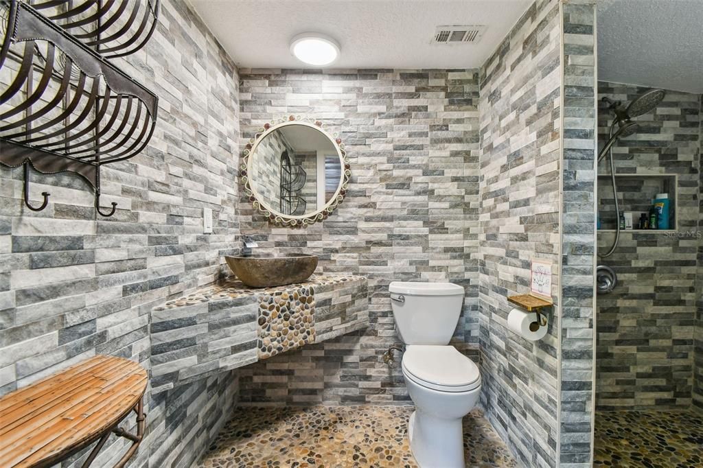 Bathroom, Glass Shower, Interior, Stone Walls