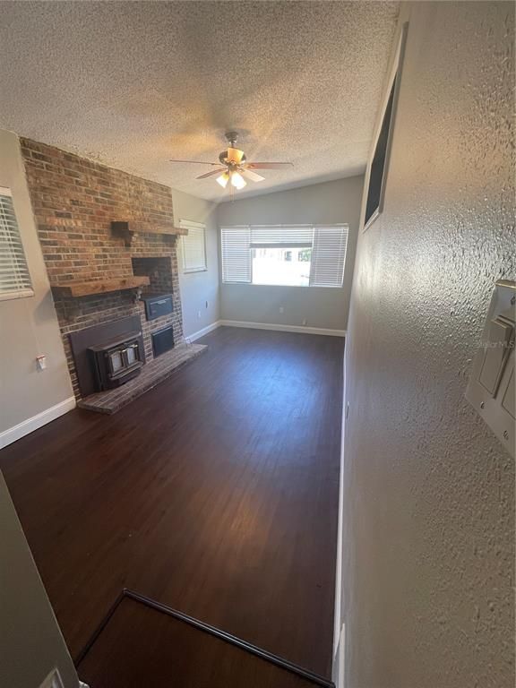 Empty room, Fireplace, Interior, Stone Walls, Wood Texture Flooring