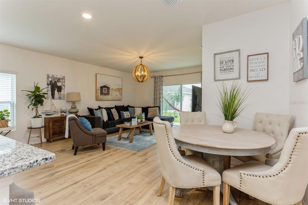 Dining room, Interior, Living room, Recessed Lighting, Wood Texture Flooring