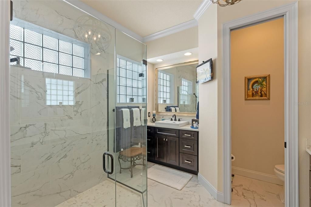 Bathroom, Glass Shower, Interior, Marble, Marble Walls, Recessed Lighting